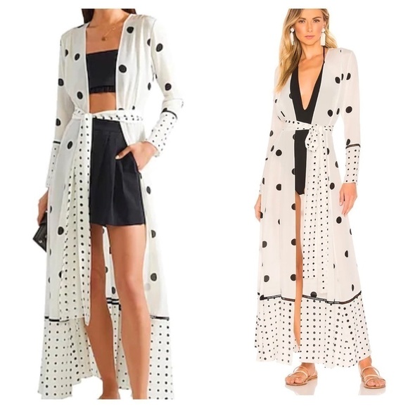 WE ARE LEONE Belted Polka-dot Silk Crepe De Chine Robe In White - Picture 1 of 14